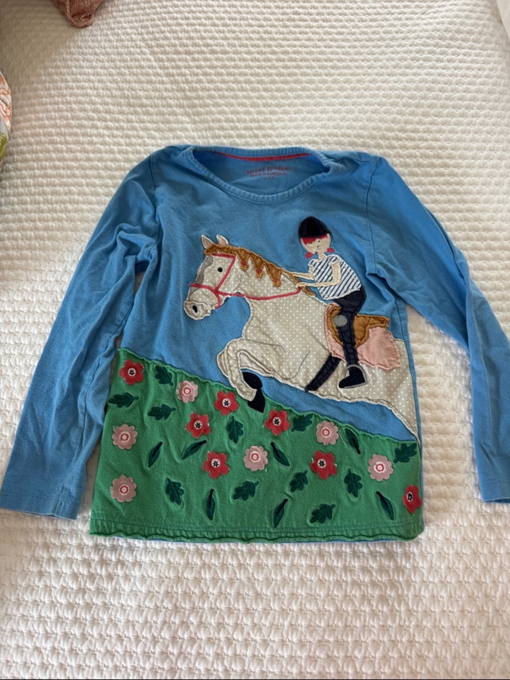 Mini Boden Blue Long Sleeve Top with Horse & Floral Appliqué, size 4-5Y